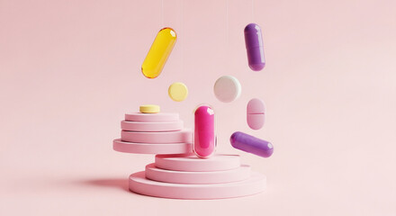 Assorted pills and capsules in a pink setting, representing healthcare and pharmaceuticals