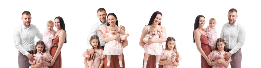 Happy family isolated on white, collection of portraits