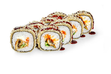 Tempura sushi rolls with eel, cucumber, cream cheese, sesame seeds and sauce drizzled on white background
