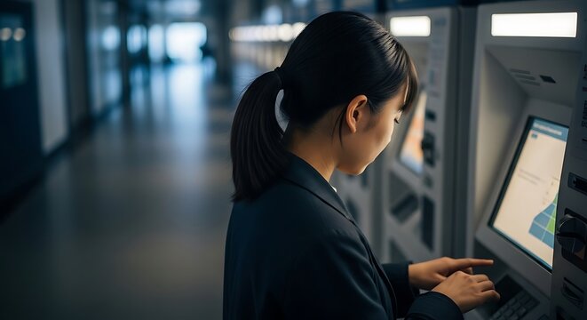 A businesswoman interacts with a digital kiosk, navigating its interface, in a modern building.