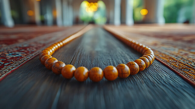 Prayer Beads on Wooden Floor in Mosque with Blurred Background