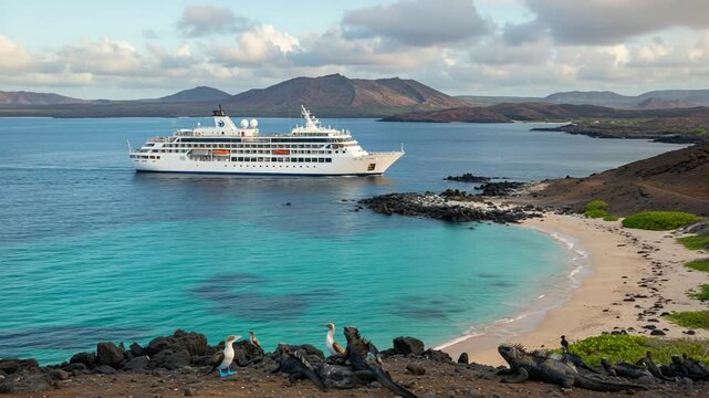 Scenic Galapagos Islands cruise ship view with blue footed boobies and marine life