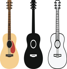 Acoustic Guitar Variations in Color, Silhouette, and Outline Styles &ndash; Set of Three Artistic Guitar Illustrations Perfect for Music Design, Posters, and Creative Projects