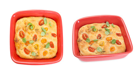 Delicious focaccia with tomatoes and spices in baking dish isolated on white, collage. Top and side view