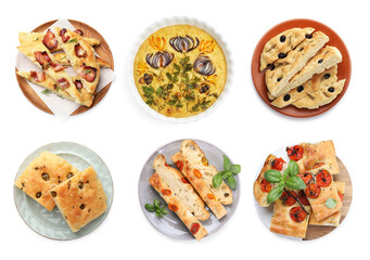 Traditional focaccia with different toppings on white background, collage. Top view