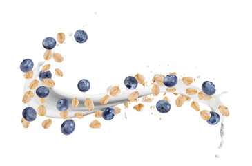Oat flakes with fresh blueberries and milk splash flying on white background