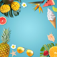Summer vibe card or party invitation with space for text. Frame of different fruits on light blue background