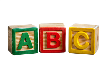 Three colorful wooden alphabet blocks with letters a, b, and c are displayed isolated on a transparent background