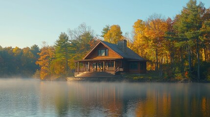 Obraz premium Peaceful log cabin on a misty lake in autumn