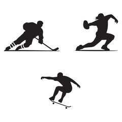 Obraz premium Silhouettes of hockey player, quarterback throwing, and skateboarder on a white isolated background