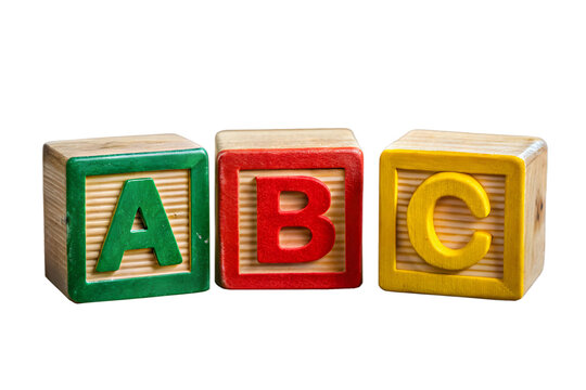 Three colorful wooden alphabet blocks with letters a, b, and c are displayed isolated on a transparent background - Powered by Adobe
