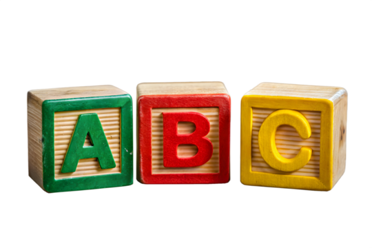 Three colorful wooden alphabet blocks with letters a, b, and c are displayed isolated on a transparent background