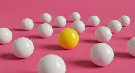 Unique yellow sphere stands out among white spheres on a pink background