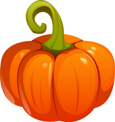 Ripe pumpkin with a curly green stem, Halloween, harvest festival, seasonal food or happy Thanksgiving holiday symbol. Isolated vector bright cartoon plump orange gourd vegetable with glossy surface