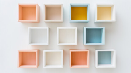A grid of pastel colored open square shelves arranged on a white wall