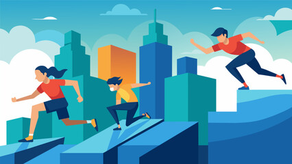 Fototapeta premium Against the backdrop of a virtual city skyline dedicated parkour trainees push their limits and push themselves towards peak performance through a VR. Vector illustration