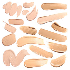 Skin foundation in different shades on white background, set. Palette of cosmetic product