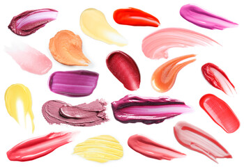 Lip cosmetics in different shades on white background, set. Palette of products