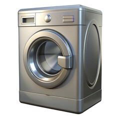 3d icon of a modern silver washing machine with a glossy finish, isolated on a transparent background