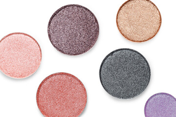 Eyeshadow in different colors on white background, set. Palette of cosmetic product