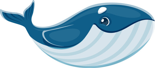 Cartoon whale, ocean animal happy character. Oceanarium aquarium marine mammal cheerful mascot. Big blue whale isolated vector cute character or ocean wildlife animal happy smiling personage