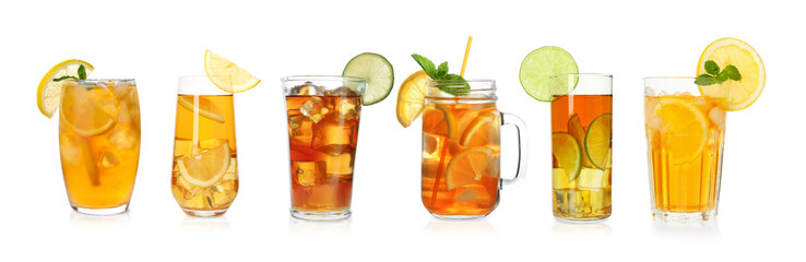Iced tea. Different types of drinks in glasses isolated on white, set