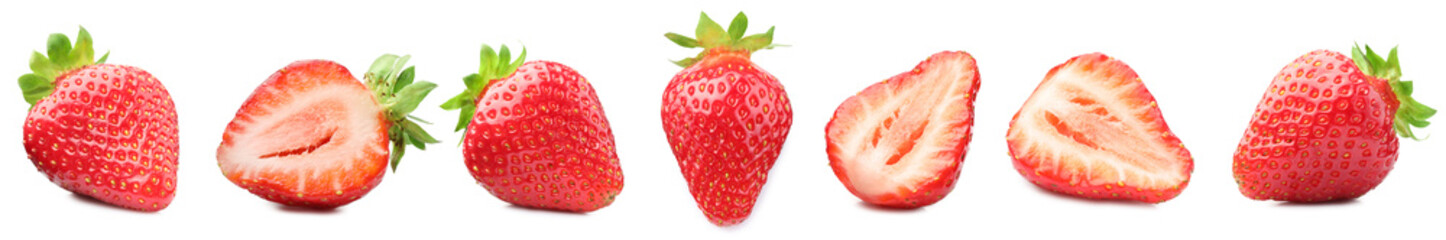 Fresh juicy strawberries isolated on white, collage. Whole and sliced