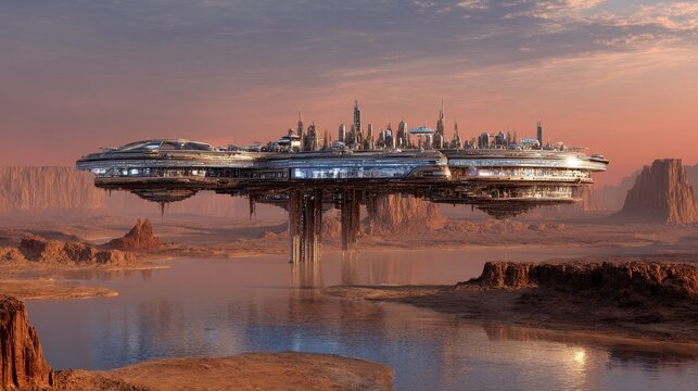 Futuristic cityscape floating above an alien landscape with reddish ground and a body of water beneath a sunset sky. Science fiction theme.