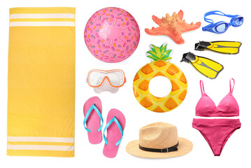 Different stylish beach accessories and starfish on white background, collage