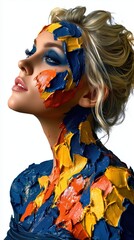 Fototapeta premium Creative portrait of woman with colorful textured paint strokes on face and shoulders