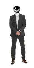 Businessman with CCTV camera instead of his head on white background