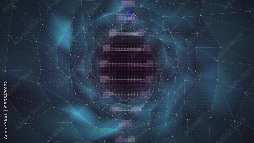 Poster purple pixels flickering at core forming bars splitting into rotating clusters showing data flow