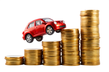 A red toy car is positioned on top of a rising graph made of stacks of gold coins, symbolizing financial growth and the cost of transportation isolated on transparent background