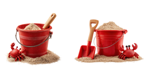 Set of red bucket and a spade with sand, and a crab toy isolated on a transparent background