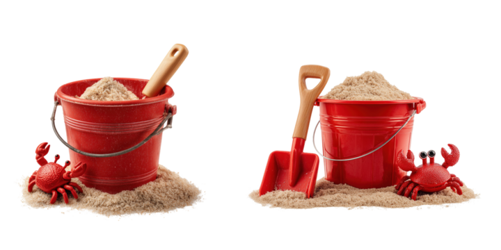 Set of red bucket and a spade with sand, and a crab toy isolated on a transparent background