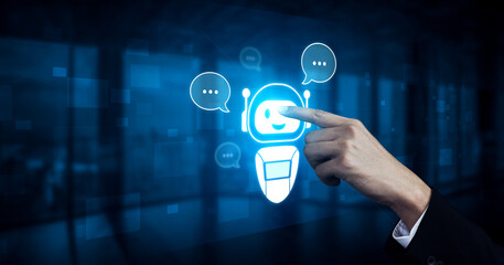 AI chatbot virtual assistant interacting with users through AI conversation bubbles, symbolizing AI...