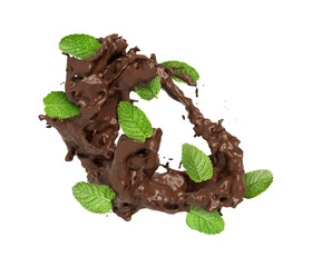 Chocolate splash and mint leaves in air on white background