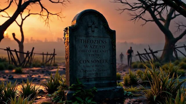 Old gravestone in spooky cemetery at sunset with silhouettes in background and leafless trees. Halloween atmosphere and haunted graveyard concept. Design for poster, banner, postcard, greeting card
