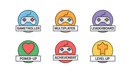 Icons for gaming achievement, leaderboard, level up, gametroller, multiplayer, power up concept