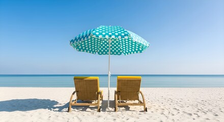 Two empty beach chairs under a patterned umbrella on a white sandy beach, with ocean view.
