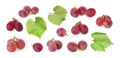 Fresh red grapes and green leaves on white background, collection