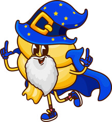 Halloween groovy pasta character as funny wizard sorcerer, cartoon vector. Halloween holiday pasta character of riccioli or gnocchi magician mage in witch hat with happy funny face in retro cartoon