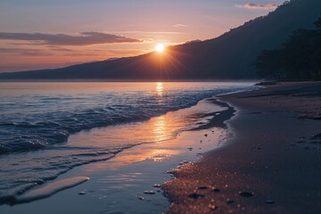 Naklejka premium Morning Glow on the Tranquil Shoreline at Sunrise