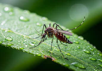 Naklejka premium Aedes mosquito on a wet green leaf with water droplets close up detail of the insect arthropod