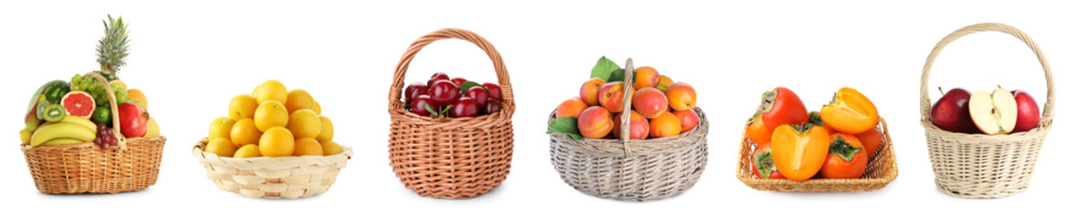 Many fresh fruits in different baskets isolated on white, set