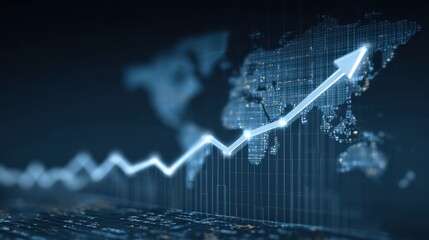 This graphic presents a digital representation of global economic growth trends with a clear upward arrow. The world map serves as a backdrop to illustrate international data