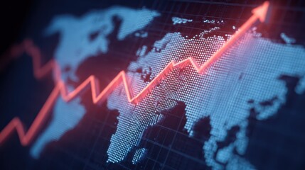 A digital representation of a world map features a red upward trend line, illustrating growth and potential in global markets. This design emphasizes financial opportunities and market dynamics
