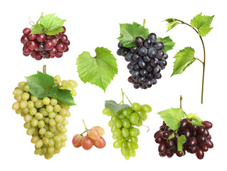 Different grape varieties and green leaves on white background, collage