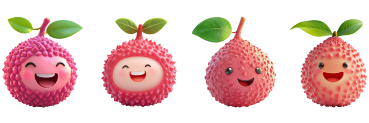 Set of cute lychee with smiling face isolated on a transparent background