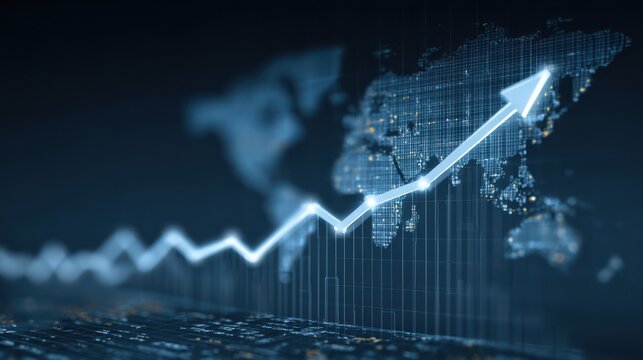 This graphic presents a digital representation of global economic growth trends with a clear upward arrow. The world map serves as a backdrop to illustrate international data